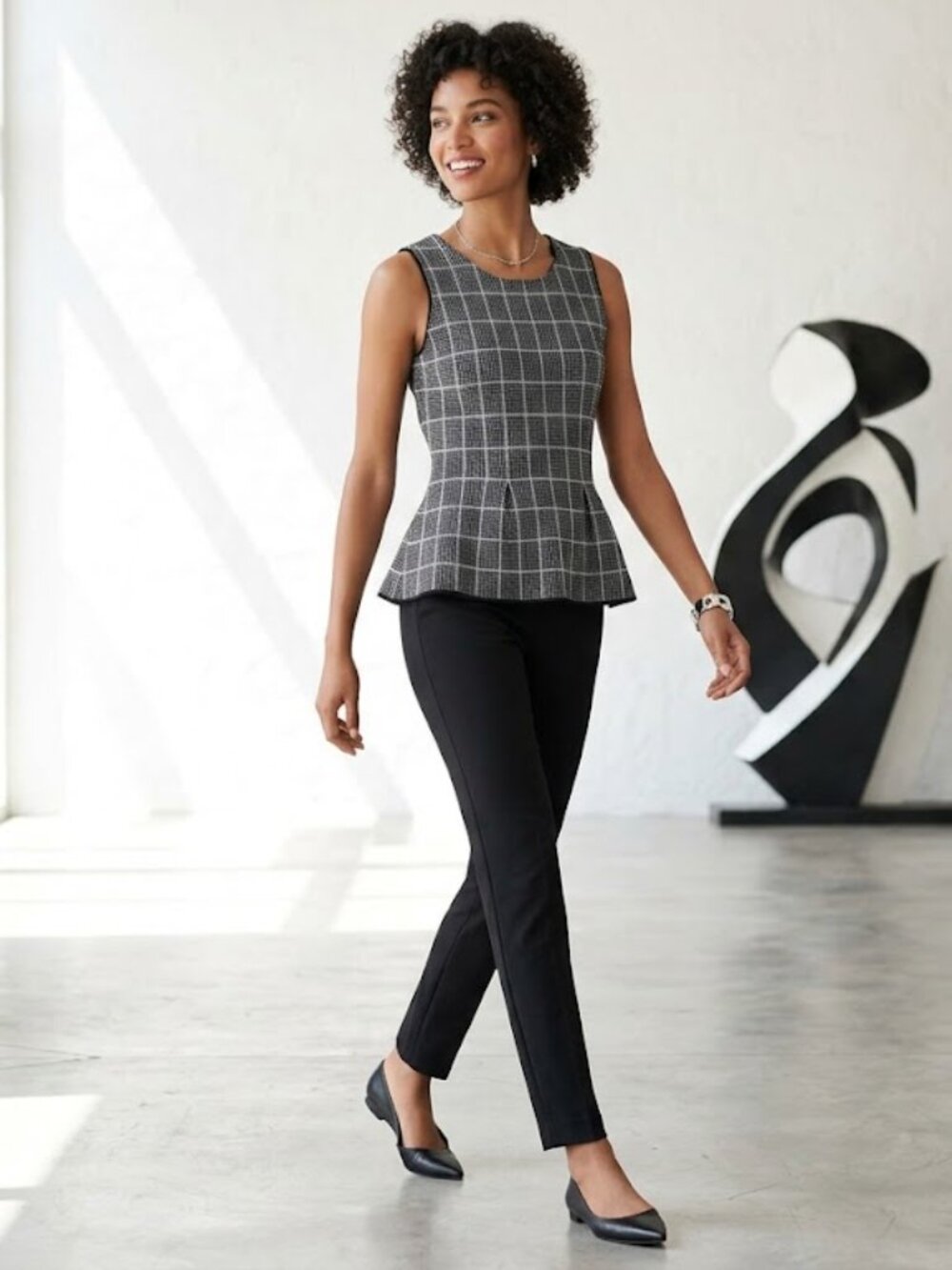 White House Black Market Black and White Grid Peplum Tank‎